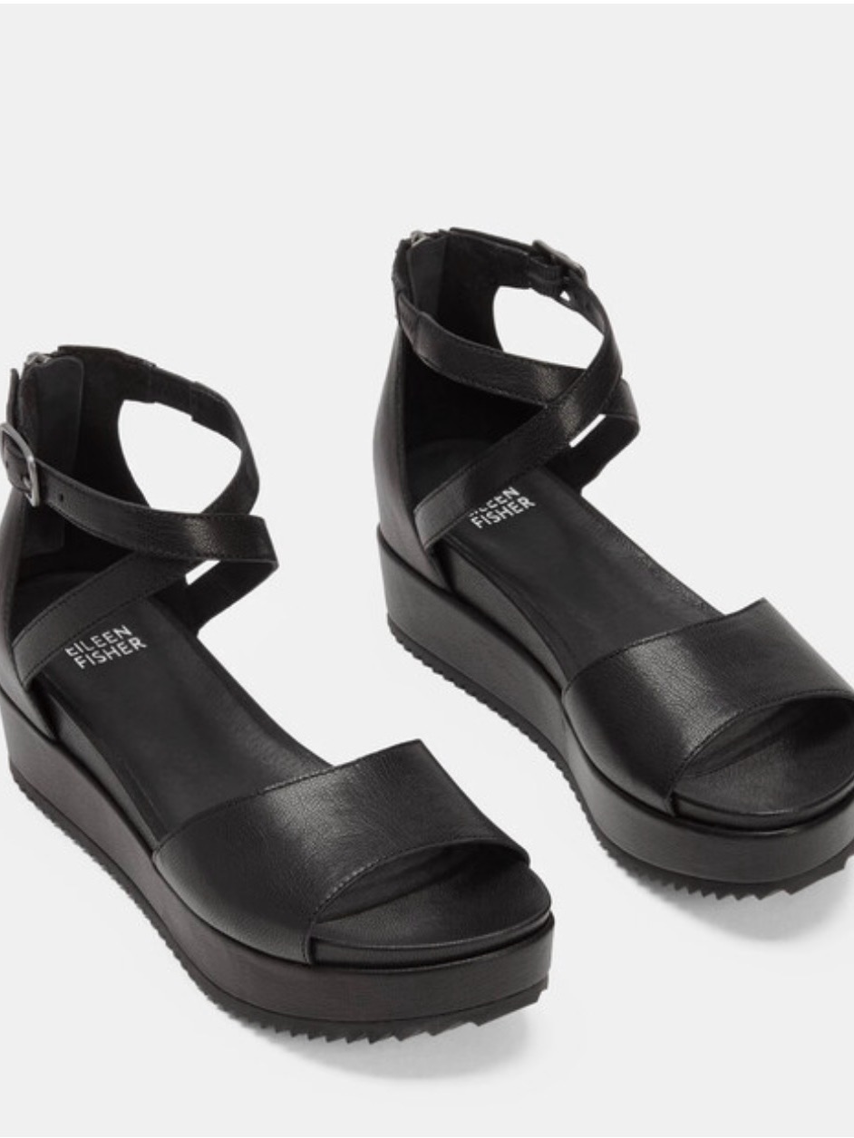 Eileen Fisher Black Leather Cross-Strap Platform Sandal